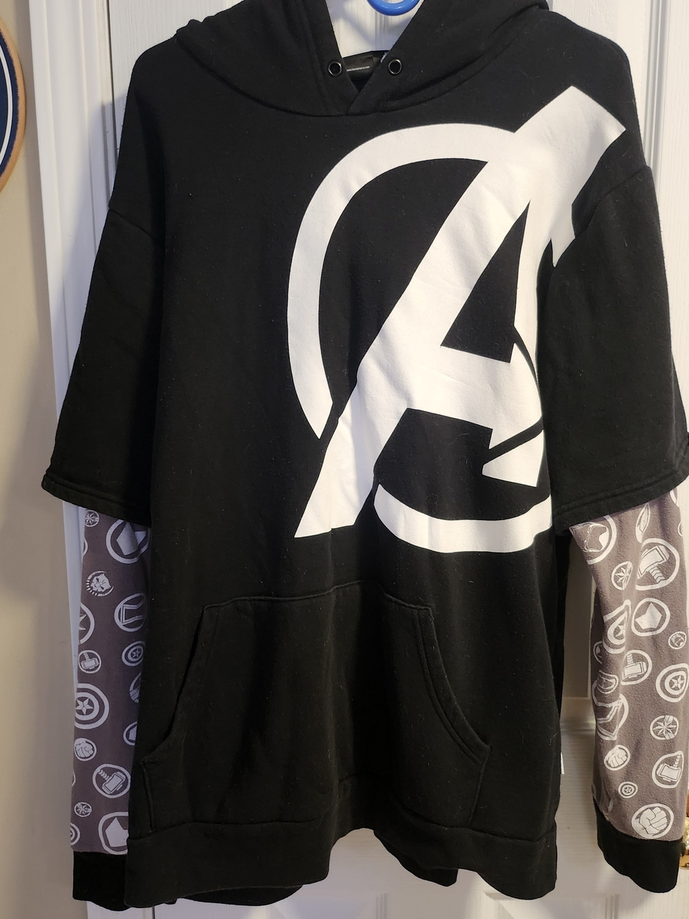 Marvel Black Pullover Hoodie with White Avengers Emblem and Gray Sleeve Prints